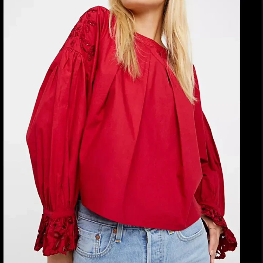 FREE PEOPLE WISHING WELL RED LACE COTTON BLOUSE XS